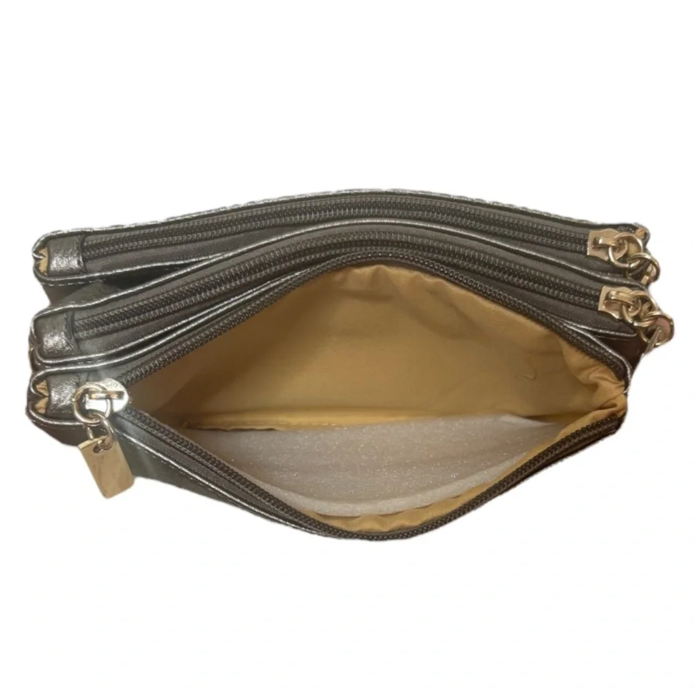 Michael Kors Crossbody Wristlet Metallic Multi Compartments Pewter Silver Gold